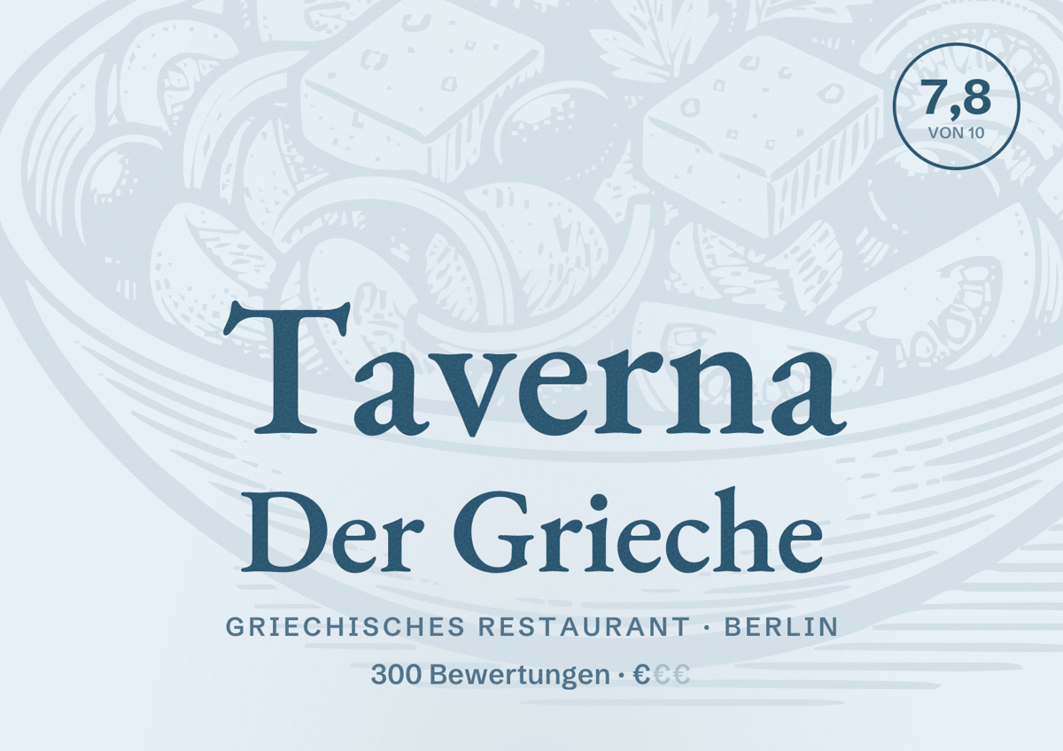 Illustriertes Poster von Taverna Der Grieche, Griechisches Restaurant in Berlin: Bewertung 7,8 von 10 aus 300 Bewertungen, Preisniveau €