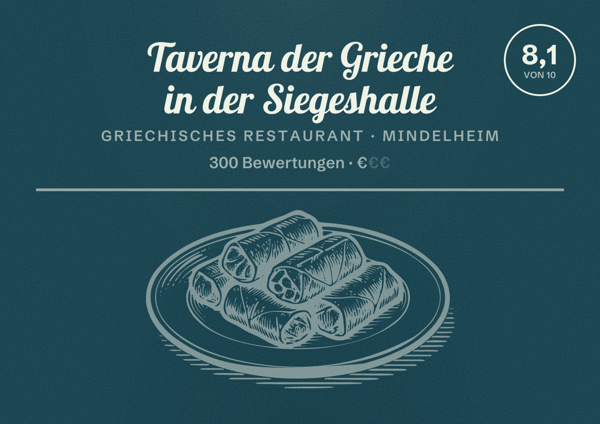 Illustriertes Poster von Taverna der Grieche in der Siegeshalle, Griechisches Restaurant in Mindelheim: Bewertung 8,1 von 10 aus 300 Bewertungen, Preisniveau €