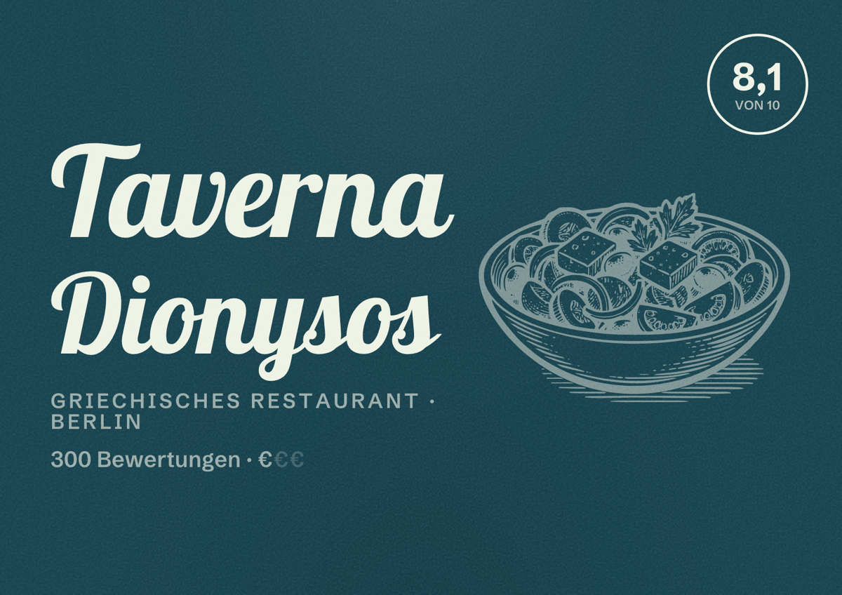 Illustriertes Poster von Taverna Dionysos, Griechisches Restaurant in Berlin: Bewertung 8,1 von 10 aus 300 Bewertungen, Preisniveau €