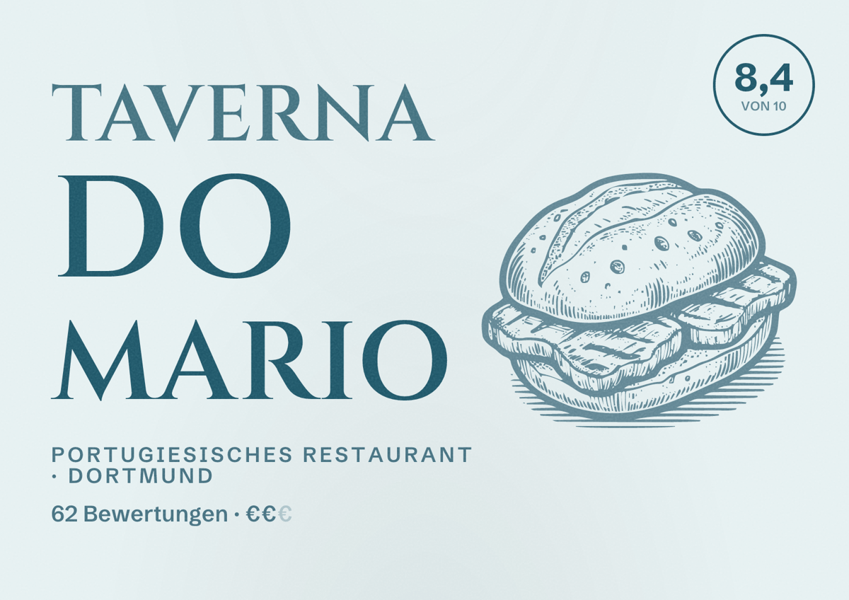 Illustriertes Poster von Taverna do Mario, Portugiesisches Restaurant in Dortmund: Gästebewertung 8,4 von 10 aus 62 Bewertungen