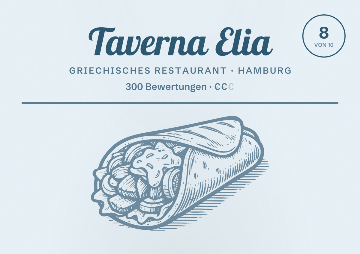 Illustriertes Poster von Taverna Elia, Griechisches Restaurant in Hamburg: Bewertung 8 von 10 aus 300 Bewertungen, Preisniveau €€