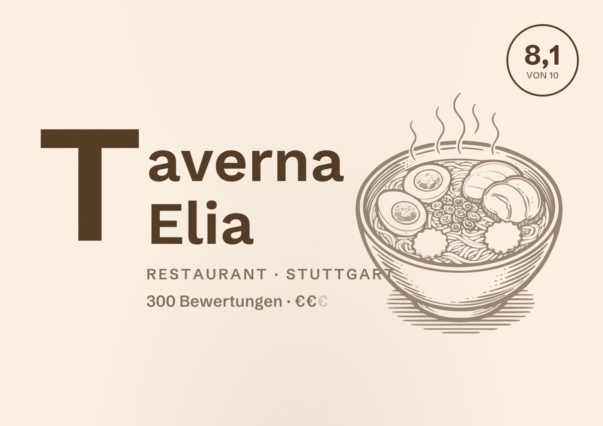 Illustriertes Poster von Taverna Elia, Restaurant in Stuttgart: Bewertung 8,1 von 10 aus 300 Bewertungen, Preisniveau €€