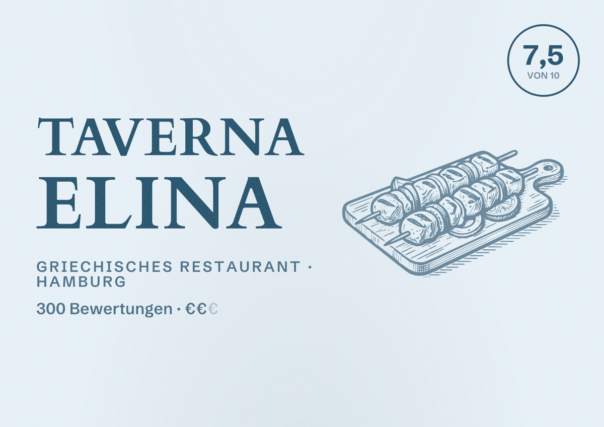 Illustriertes Poster von Taverna Elina, Griechisches Restaurant in Hamburg: Bewertung 7,5 von 10 aus 300 Bewertungen, Preisniveau €€