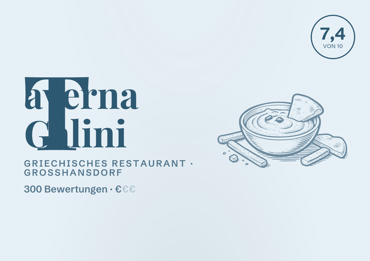 Illustriertes Poster von Taverna Galini, Griechisches Restaurant in Großhansdorf: Bewertung 7,4 von 10 aus 300 Bewertungen, Preisniveau €