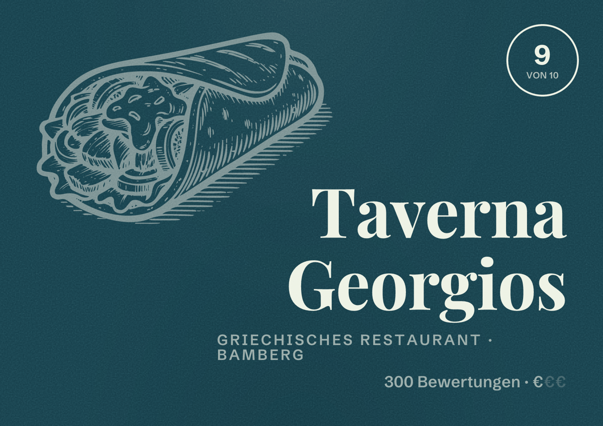 Illustriertes Poster von Taverna Georgios, Griechisches Restaurant in Bamberg: Bewertung 9 von 10 aus 300 Bewertungen, Preisniveau €