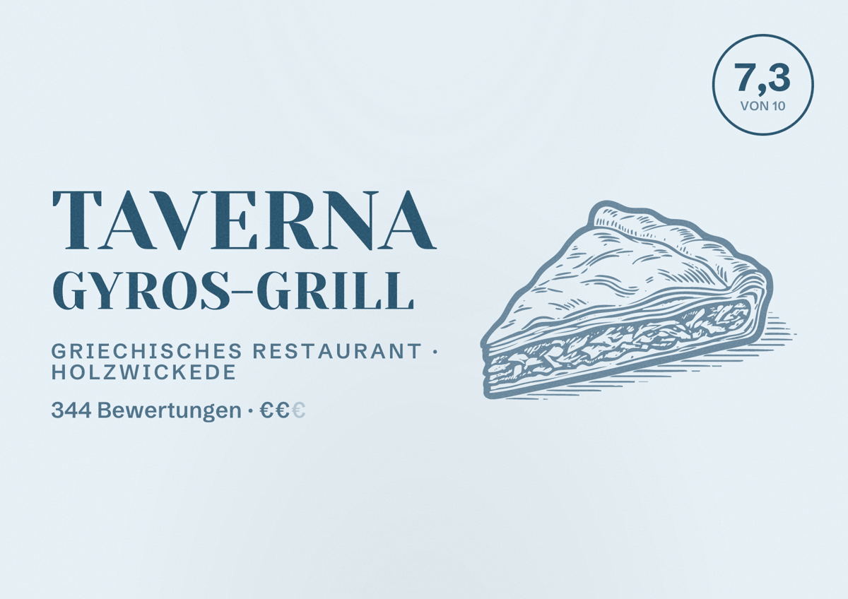 Illustriertes Poster von Taverna Gyros-Grill, Griechisches Restaurant in Holzwickede: Bewertung 7,3 von 10 aus 344 Bewertungen, Preisniveau €€