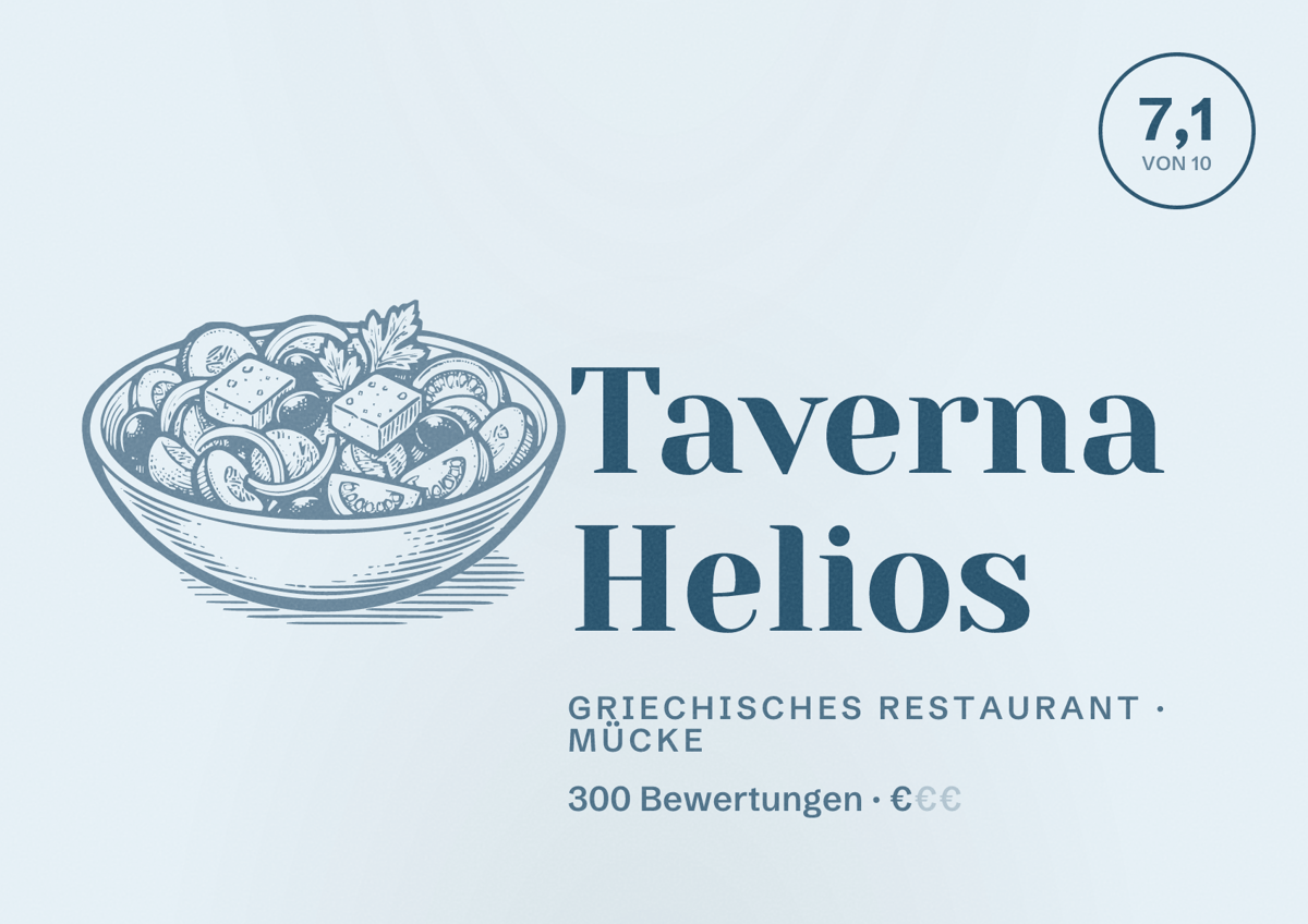 Illustriertes Poster von Taverna Helios, Griechisches Restaurant in Mücke: Bewertung 7,1 von 10 aus 300 Bewertungen, Preisniveau €
