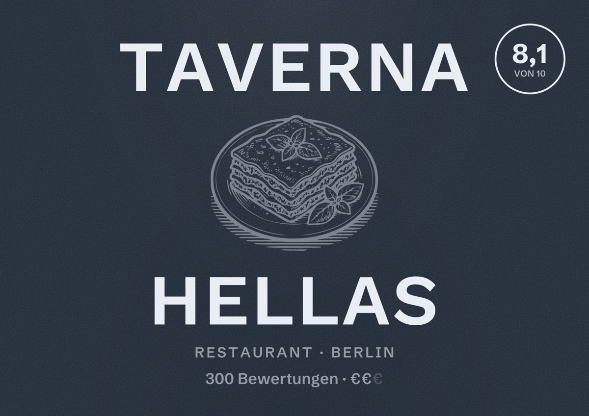 Illustriertes Poster von Taverna Hellas, Restaurant in Berlin: Bewertung 8,1 von 10 aus 300 Bewertungen, Preisniveau €€