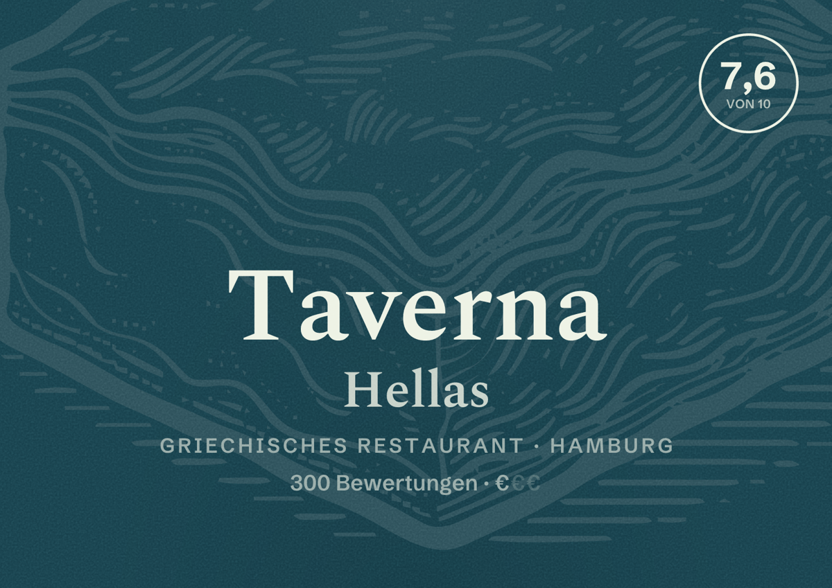 Illustriertes Poster von Taverna Hellas, Griechisches Restaurant in Hamburg: Bewertung 7,6 von 10 aus 300 Bewertungen, Preisniveau €