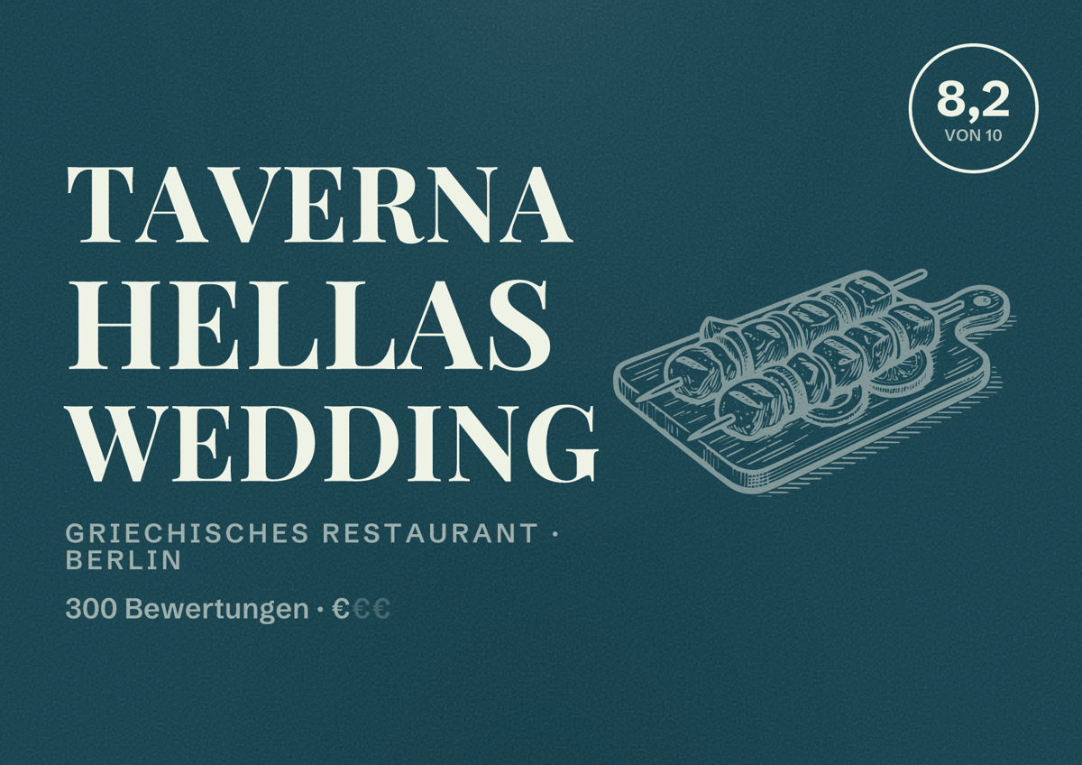 Illustriertes Poster von Taverna Hellas Wedding, Griechisches Restaurant in Berlin: Bewertung 8,2 von 10 aus 300 Bewertungen, Preisniveau €