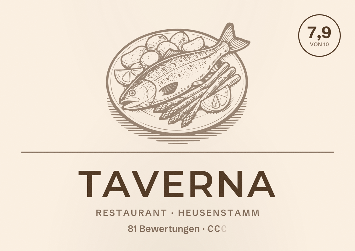 Illustriertes Poster von Taverna, Restaurant in Heusenstamm: Bewertung 7,9 von 10 aus 81 Bewertungen, Preisniveau €€