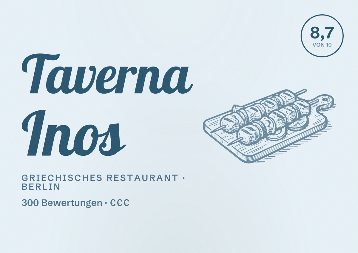 Illustriertes Poster von Taverna Inos, Griechisches Restaurant in Berlin: Bewertung 8,7 von 10 aus 300 Bewertungen, Preisniveau €€€