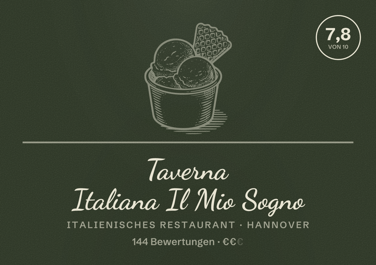 Illustriertes Poster von Taverna Italiana Il Mio Sogno, Italienisches Restaurant in Hannover: Bewertung 7,8 von 10 aus 144 Bewertungen, Preisniveau €€