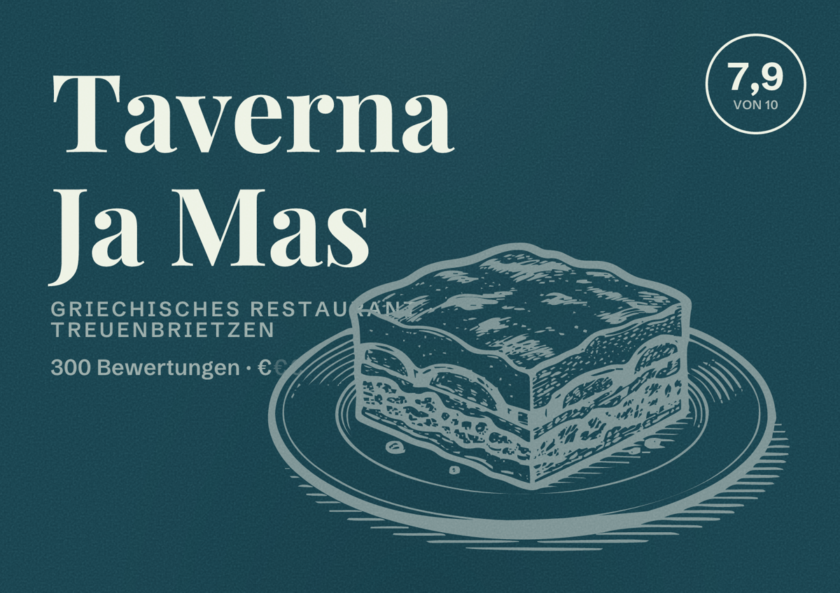 Illustriertes Poster von Taverna Ja Mas, Griechisches Restaurant in Treuenbrietzen: Bewertung 7,9 von 10 aus 300 Bewertungen, Preisniveau €