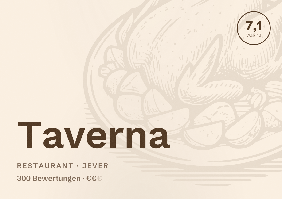 Illustriertes Poster von Taverna, Restaurant in Jever: Bewertung 7,1 von 10 aus 300 Bewertungen, Preisniveau €€