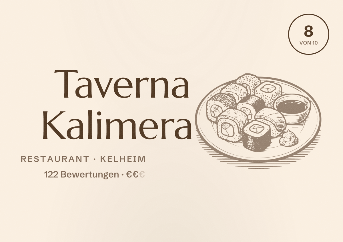 Illustriertes Poster von Taverna Kalimera, Restaurant in Kelheim: Bewertung 8 von 10 aus 122 Bewertungen, Preisniveau €€