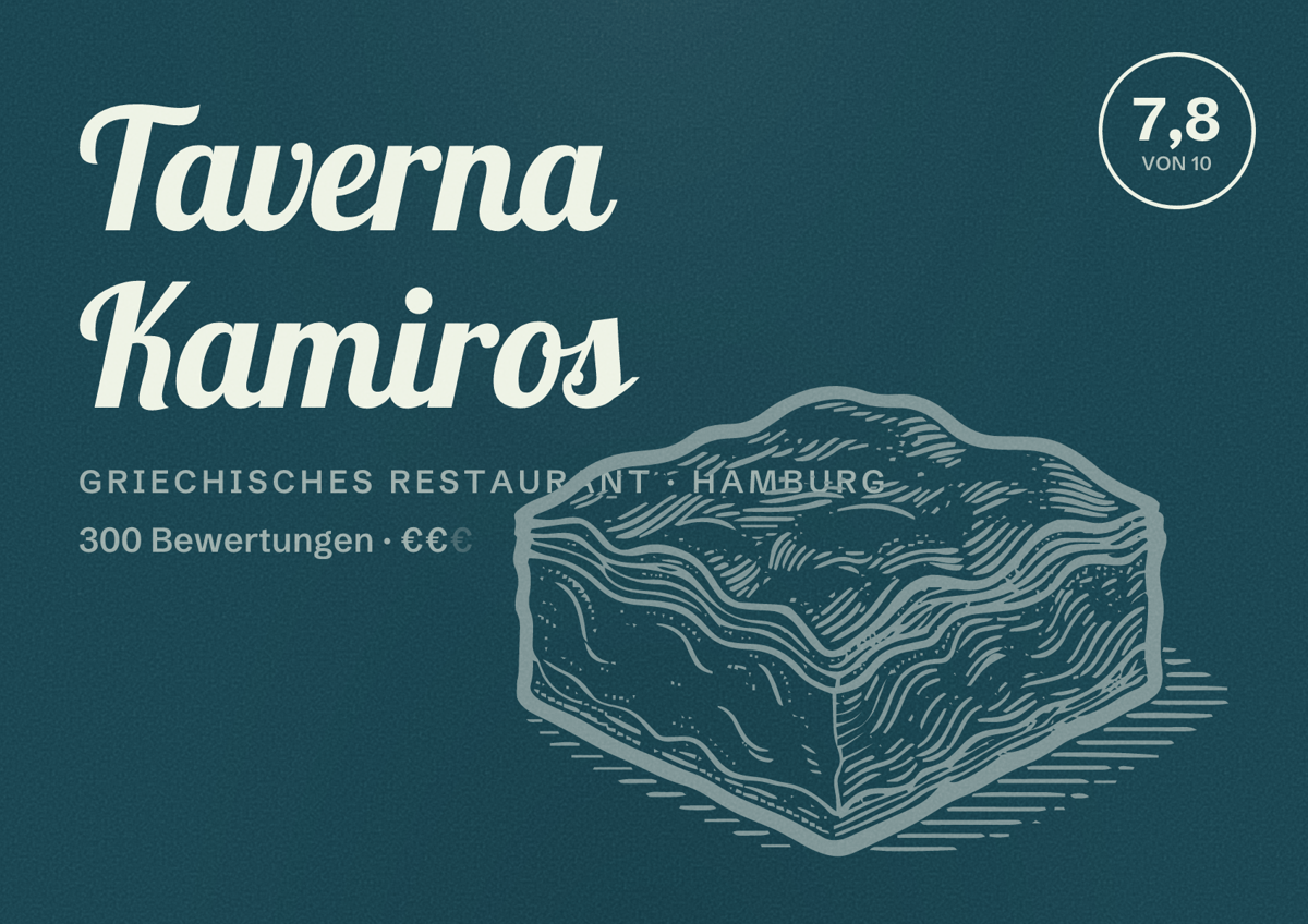 Illustriertes Poster von Taverna Kamiros, Griechisches Restaurant in Hamburg: Bewertung 7,8 von 10 aus 300 Bewertungen, Preisniveau €€