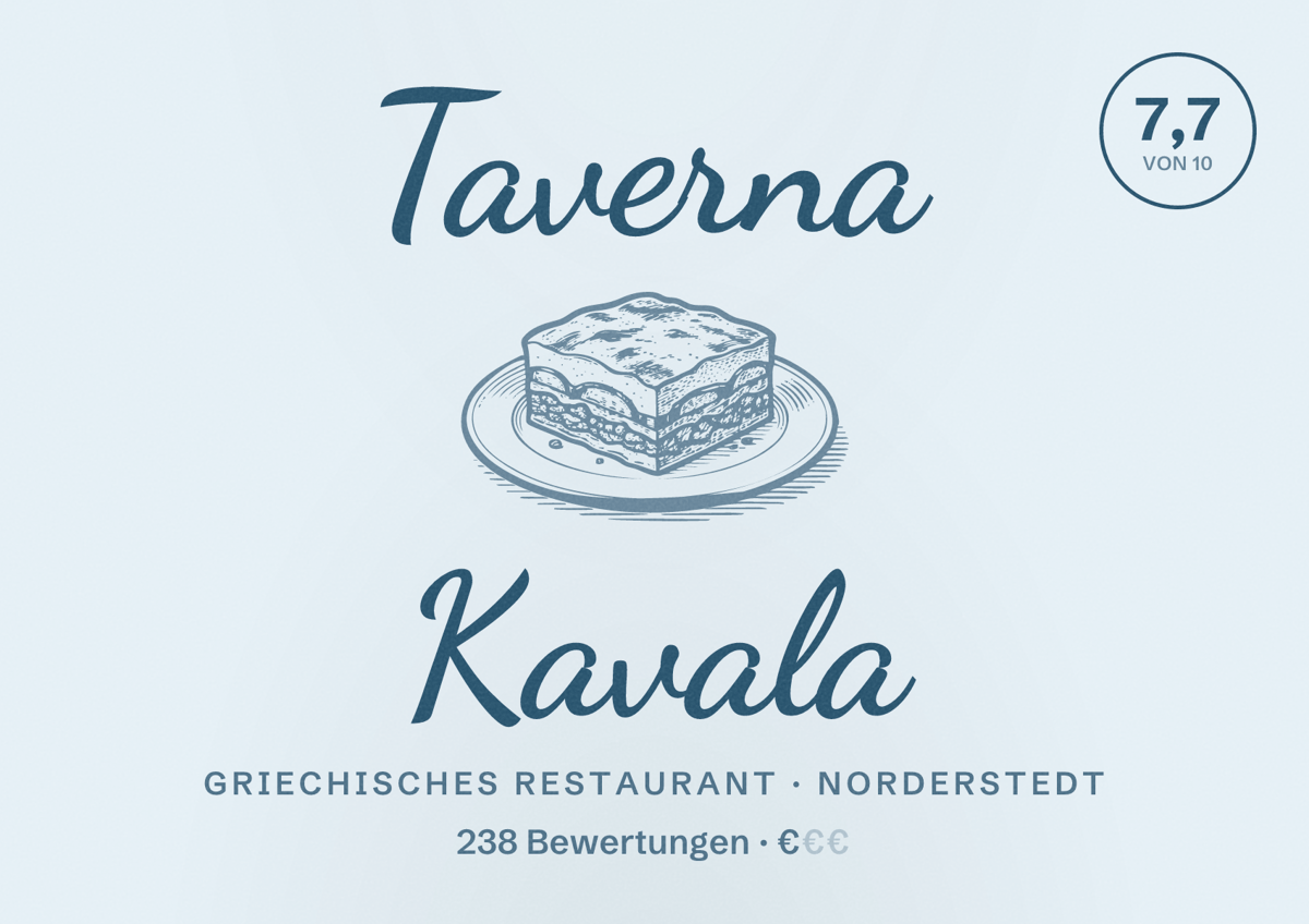 Illustriertes Poster von Taverna Kavala, Griechisches Restaurant in Norderstedt: Bewertung 7,7 von 10 aus 238 Bewertungen, Preisniveau €