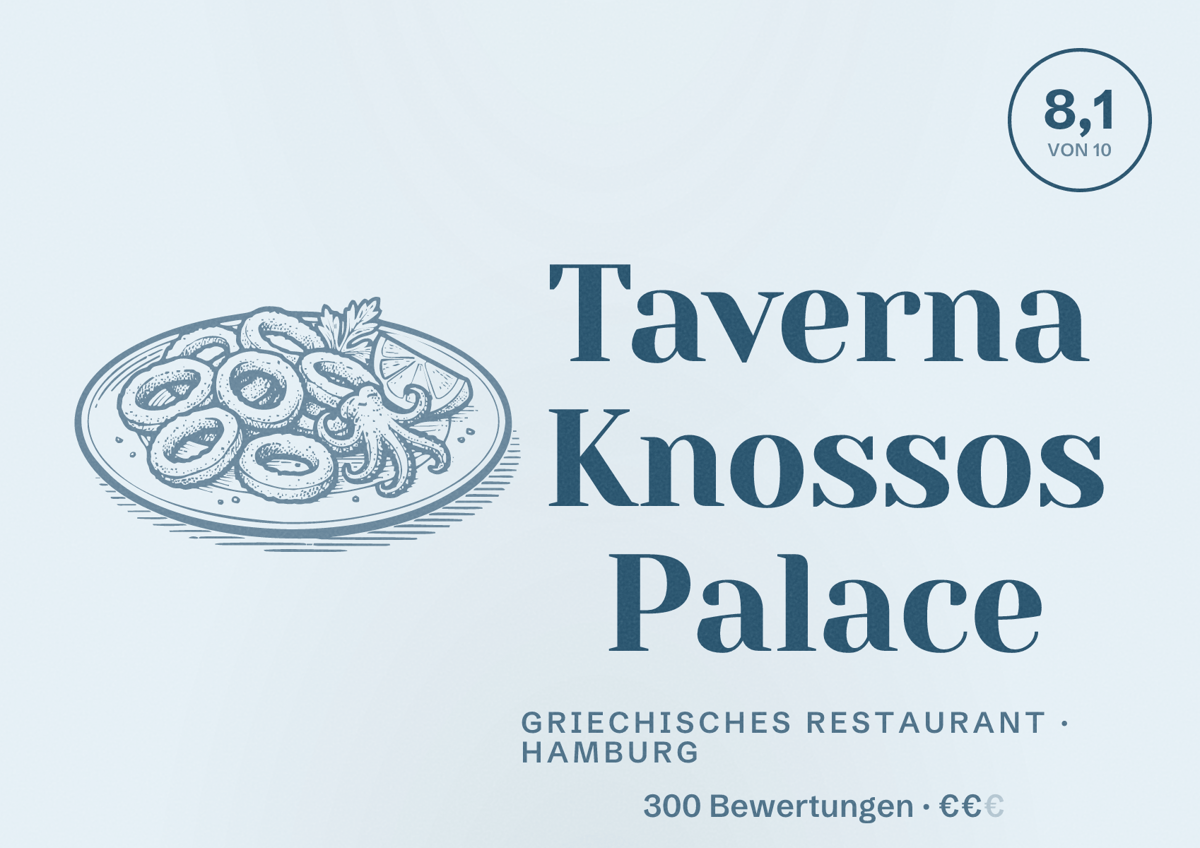 Illustriertes Poster von Taverna Knossos Palace, Griechisches Restaurant in Hamburg: Bewertung 8,1 von 10 aus 300 Bewertungen, Preisniveau €€