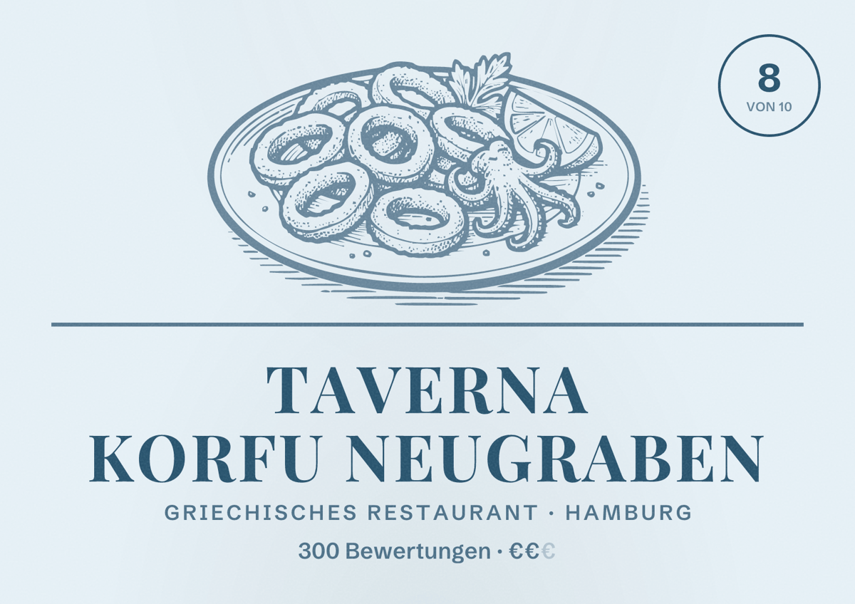 Illustriertes Poster von Taverna Korfu Neugraben, Griechisches Restaurant in Hamburg: Bewertung 8,0 von 10 aus 300 Bewertungen, Preisniveau €€