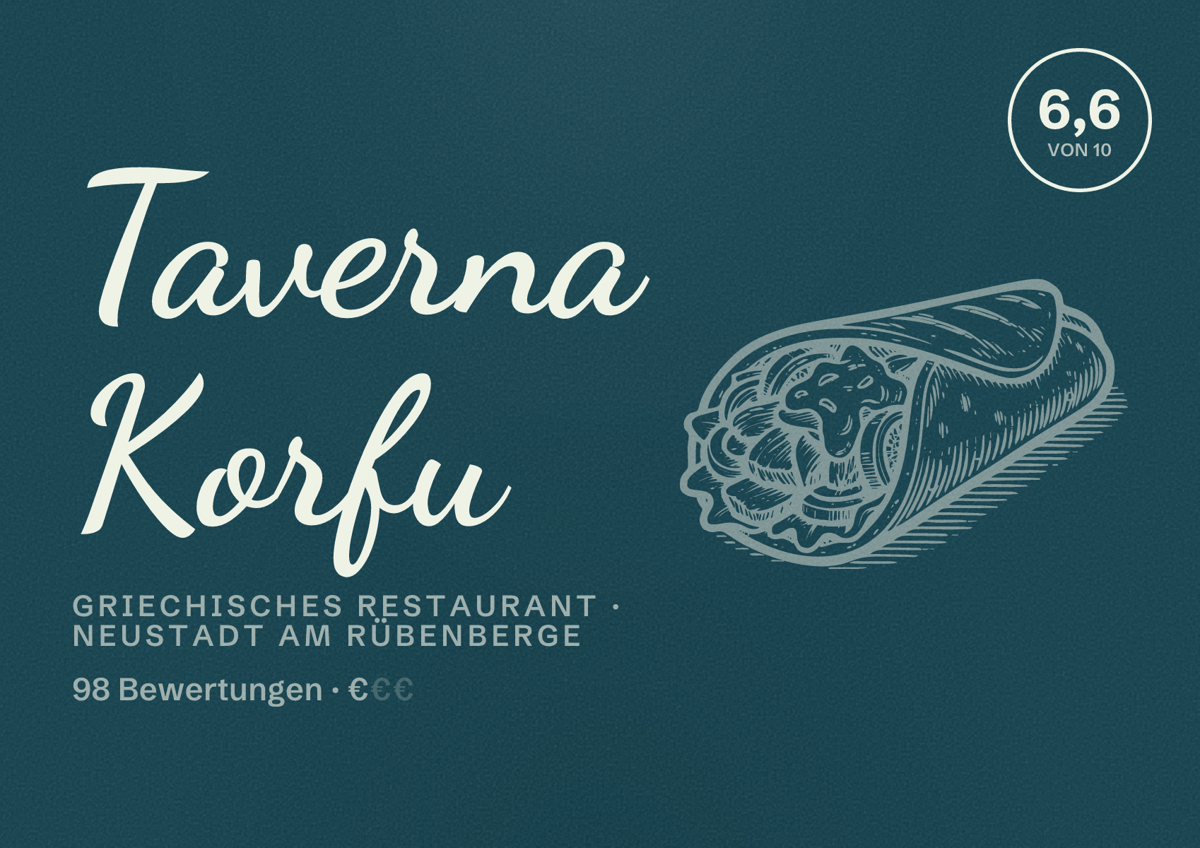 Illustriertes Poster von Taverna Korfu, Griechisches Restaurant in Neustadt am Rübenberge: Bewertung 6,6 von 10 aus 98 Bewertungen, Preisniveau €