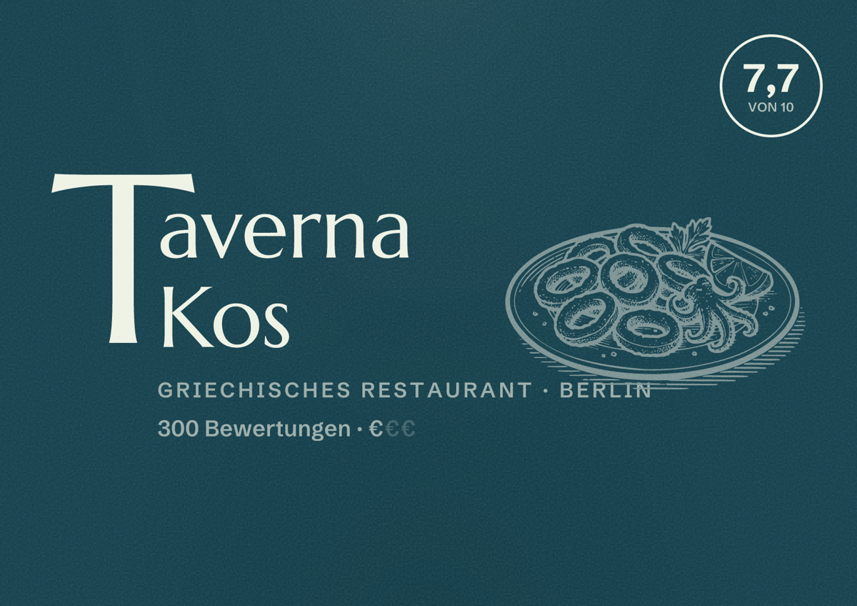 Illustriertes Poster von Taverna Kos, Griechisches Restaurant in Berlin: Bewertung 7,7 von 10 aus 300 Bewertungen, Preisniveau €
