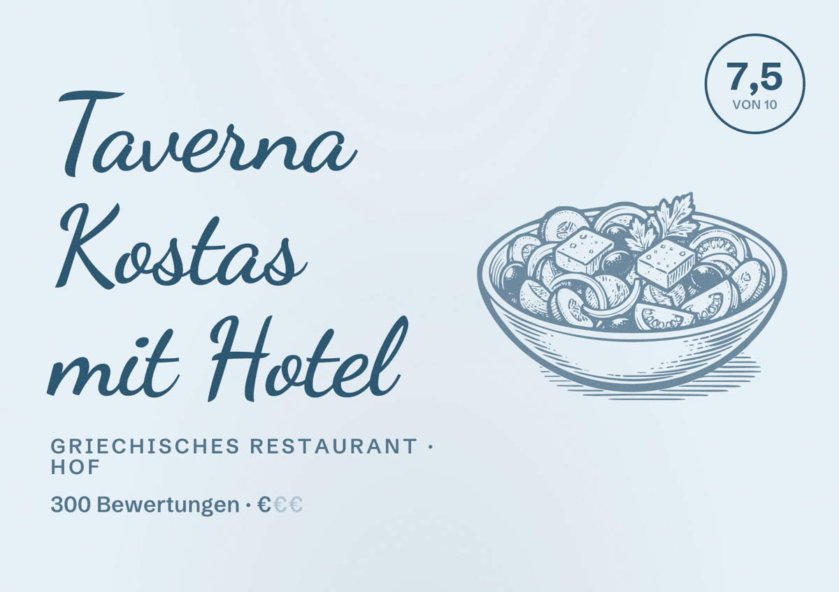 Illustriertes Poster von Taverna Kostas mit Hotel, Griechisches Restaurant in Hof: Bewertung 7,5 von 10 aus 300 Bewertungen, Preisniveau €