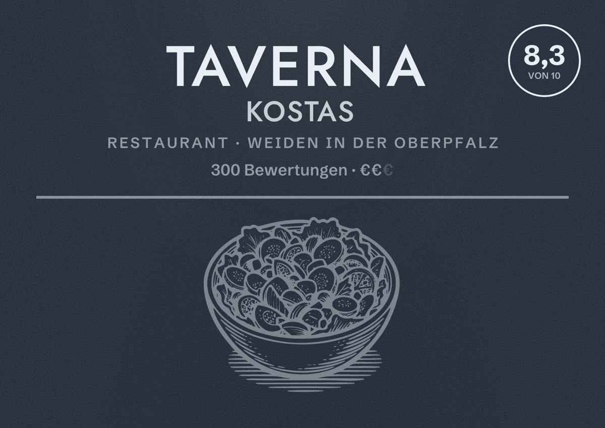 Illustriertes Poster von Taverna Kostas, Restaurant in Weiden in der Oberpfalz: Bewertung 8,3 von 10 aus 300 Bewertungen, Preisniveau €€