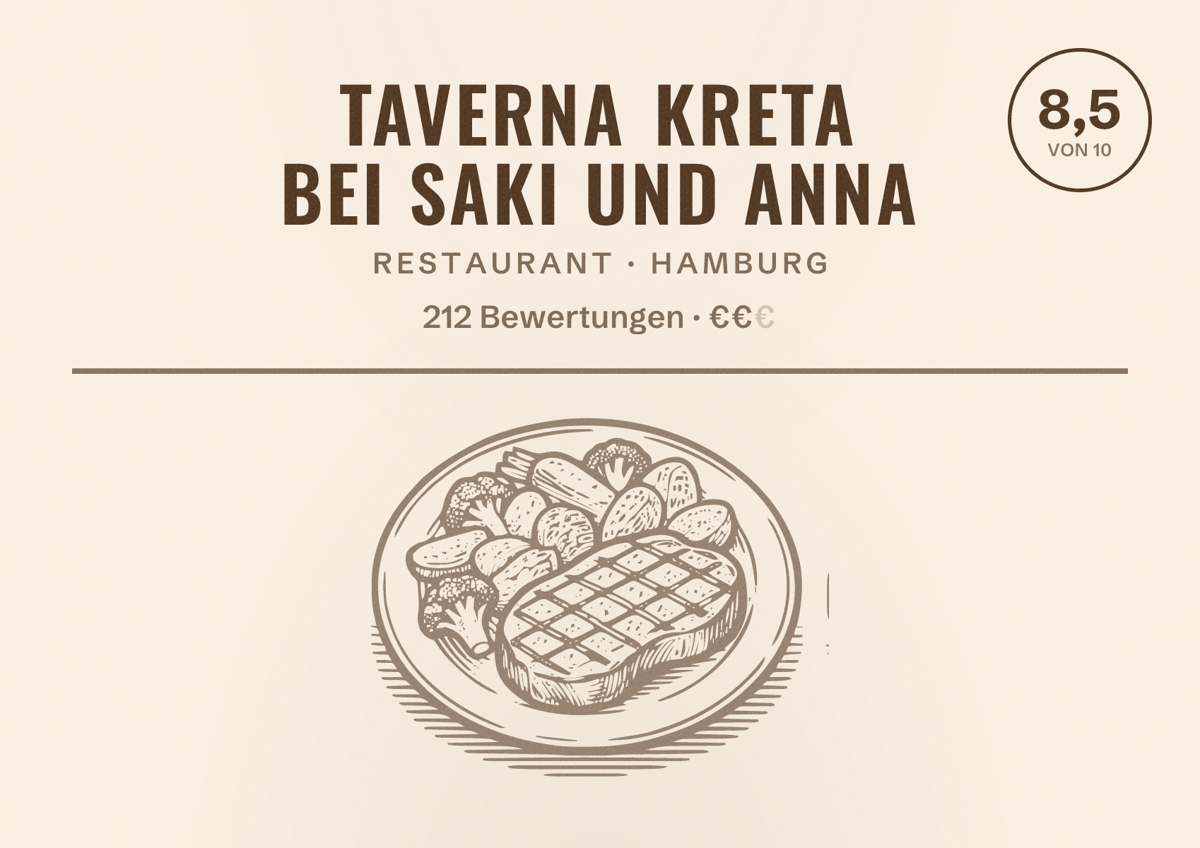 Illustriertes Poster von Taverna Kreta bei Saki und Anna, Restaurant in Hamburg: Bewertung 8,5 von 10 aus 212 Bewertungen, Preisniveau €€