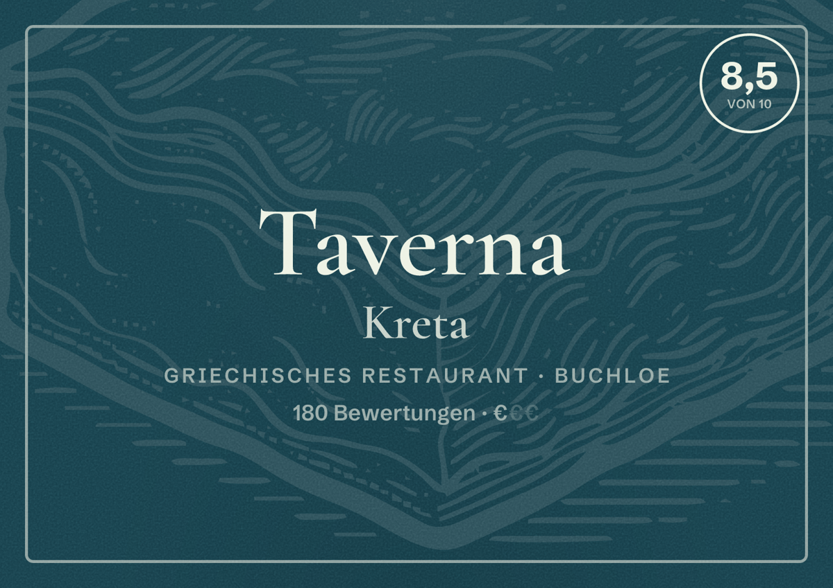 Illustriertes Poster von Taverna Kreta, Griechisches Restaurant in Buchloe: Bewertung 8,5 von 10 aus 180 Bewertungen, Preisniveau €