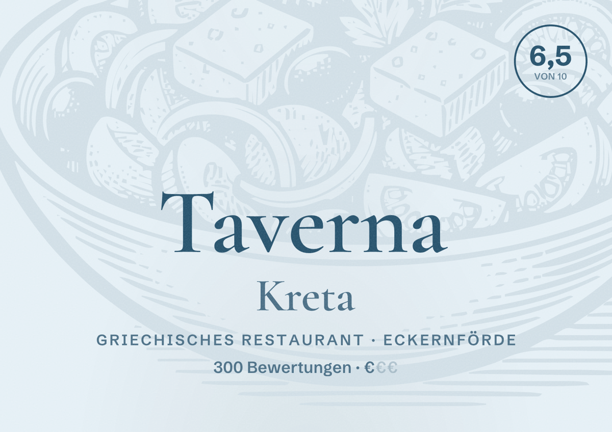 Illustriertes Poster von Taverna Kreta, Griechisches Restaurant in Eckernförde: Bewertung 6,5 von 10 aus 300 Bewertungen, Preisniveau €