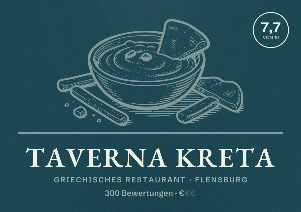 Illustriertes Poster von Taverna Kreta, Griechisches Restaurant in Flensburg: Bewertung 7,7 von 10 aus 300 Bewertungen, Preisniveau €