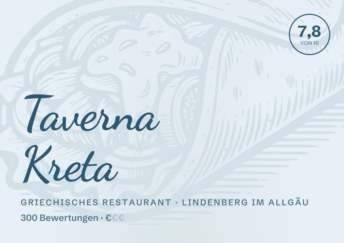 Illustriertes Poster von Taverna Kreta, Griechisches Restaurant in Lindenberg im Allgäu: Bewertung 7,8 von 10 aus 300 Bewertungen, Preisniveau €