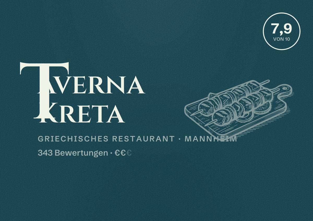 Illustriertes Poster von Taverna Kreta, Griechisches Restaurant in Mannheim: Bewertung 7,9 von 10 aus 343 Bewertungen, Preisniveau €€