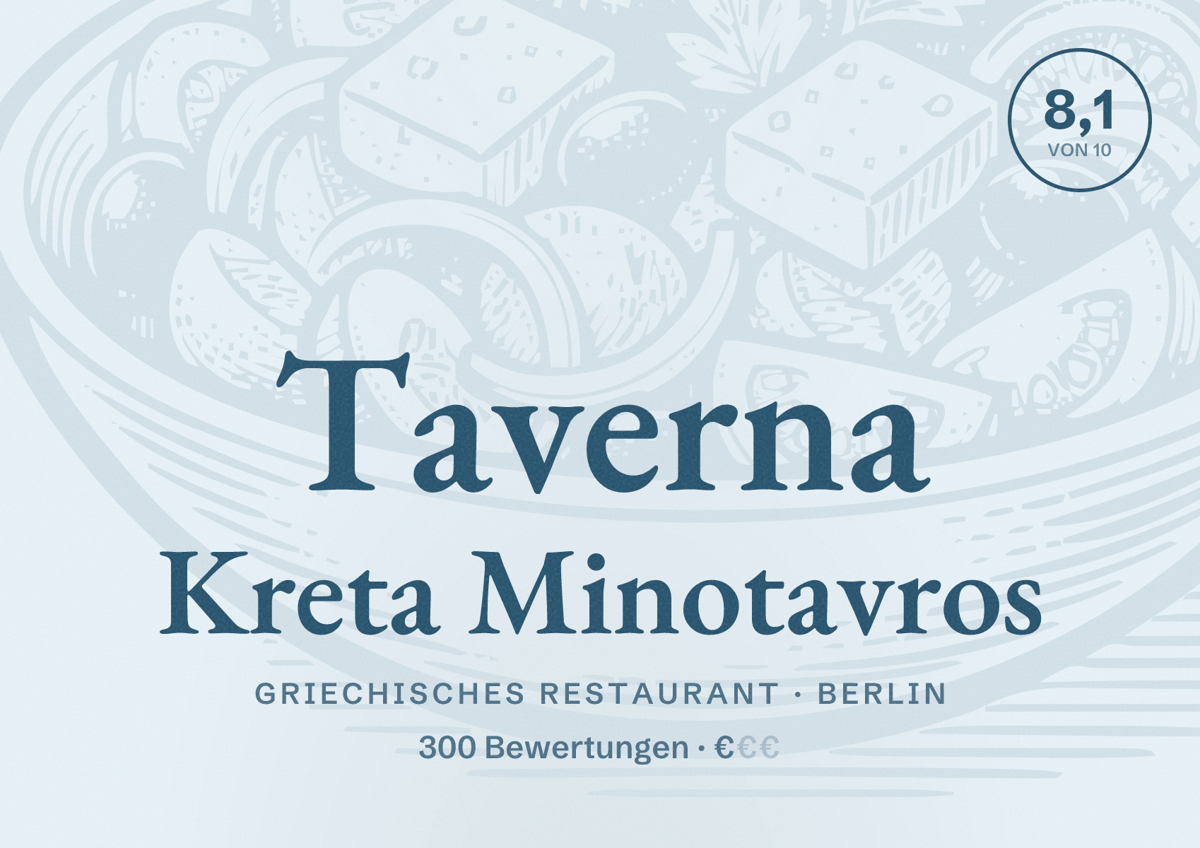 Illustriertes Poster von Taverna Kreta Minotavros, Griechisches Restaurant in Berlin: Bewertung 8,1 von 10 aus 300 Bewertungen, Preisniveau €