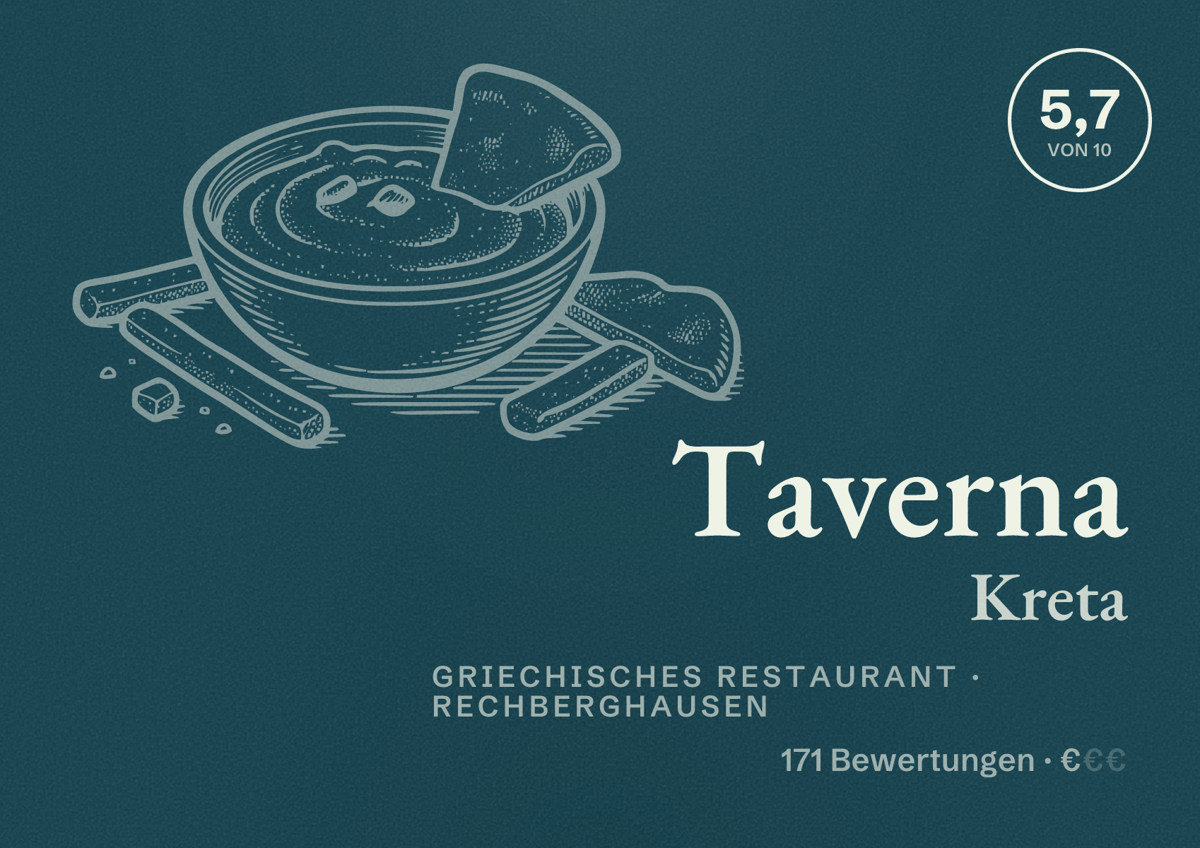 Illustriertes Poster von Taverna Kreta, Griechisches Restaurant in Rechberghausen: Bewertung 5,7 von 10 aus 171 Bewertungen, Preisniveau €