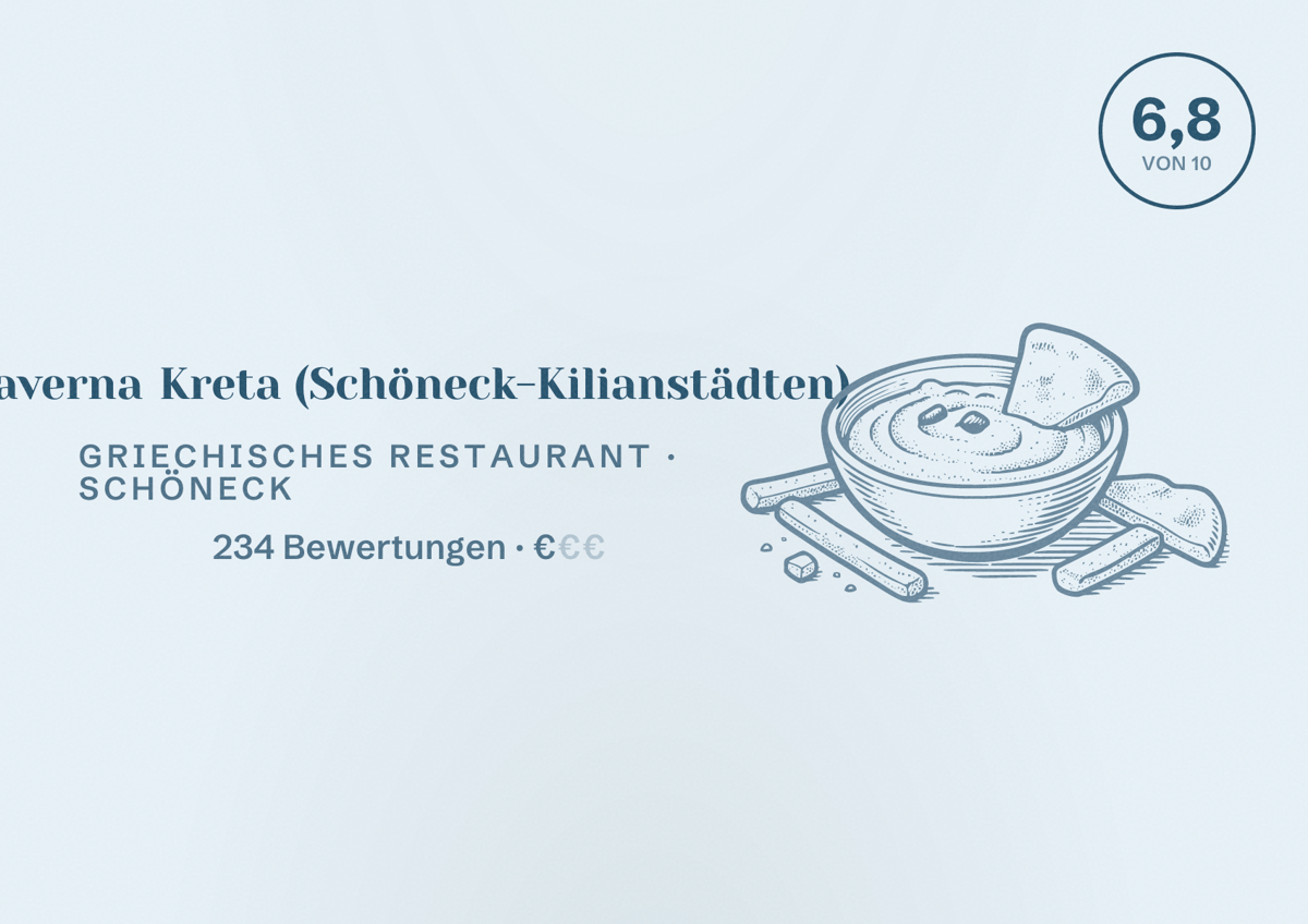 Illustriertes Poster von Taverna Kreta (Schöneck-Kilianstädten), Griechisches Restaurant in Schöneck: Bewertung 6,8 von 10 aus 234 Bewertungen, Preisniveau €