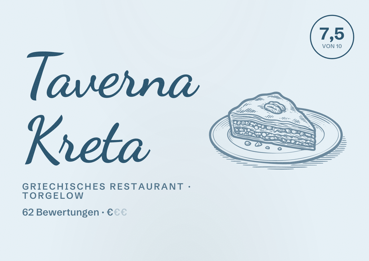 Illustriertes Poster von Taverna Kreta, Griechisches Restaurant in Torgelow: Bewertung 7,5 von 10 aus 62 Bewertungen, Preisniveau €