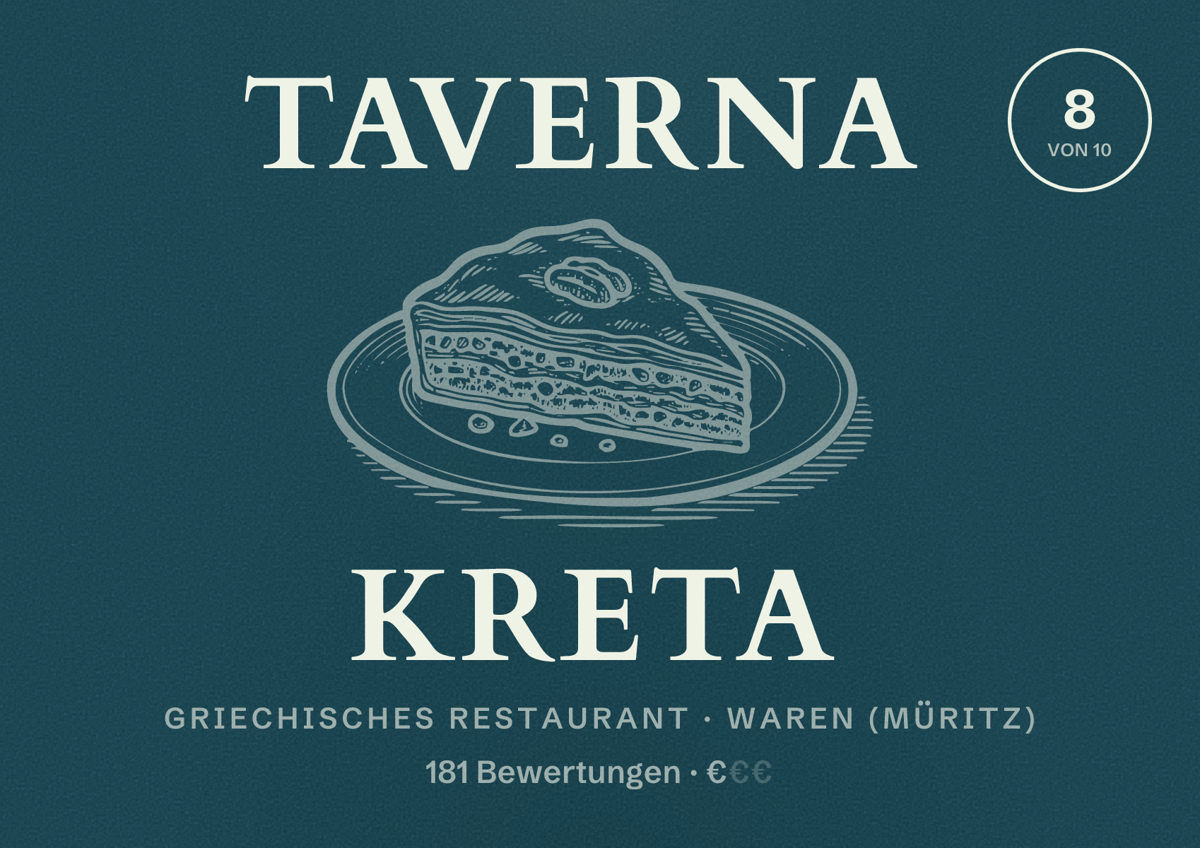 Illustriertes Poster von Taverna Kreta, Griechisches Restaurant in Waren (Müritz): Bewertung 8 von 10 aus 181 Bewertungen, Preisniveau €