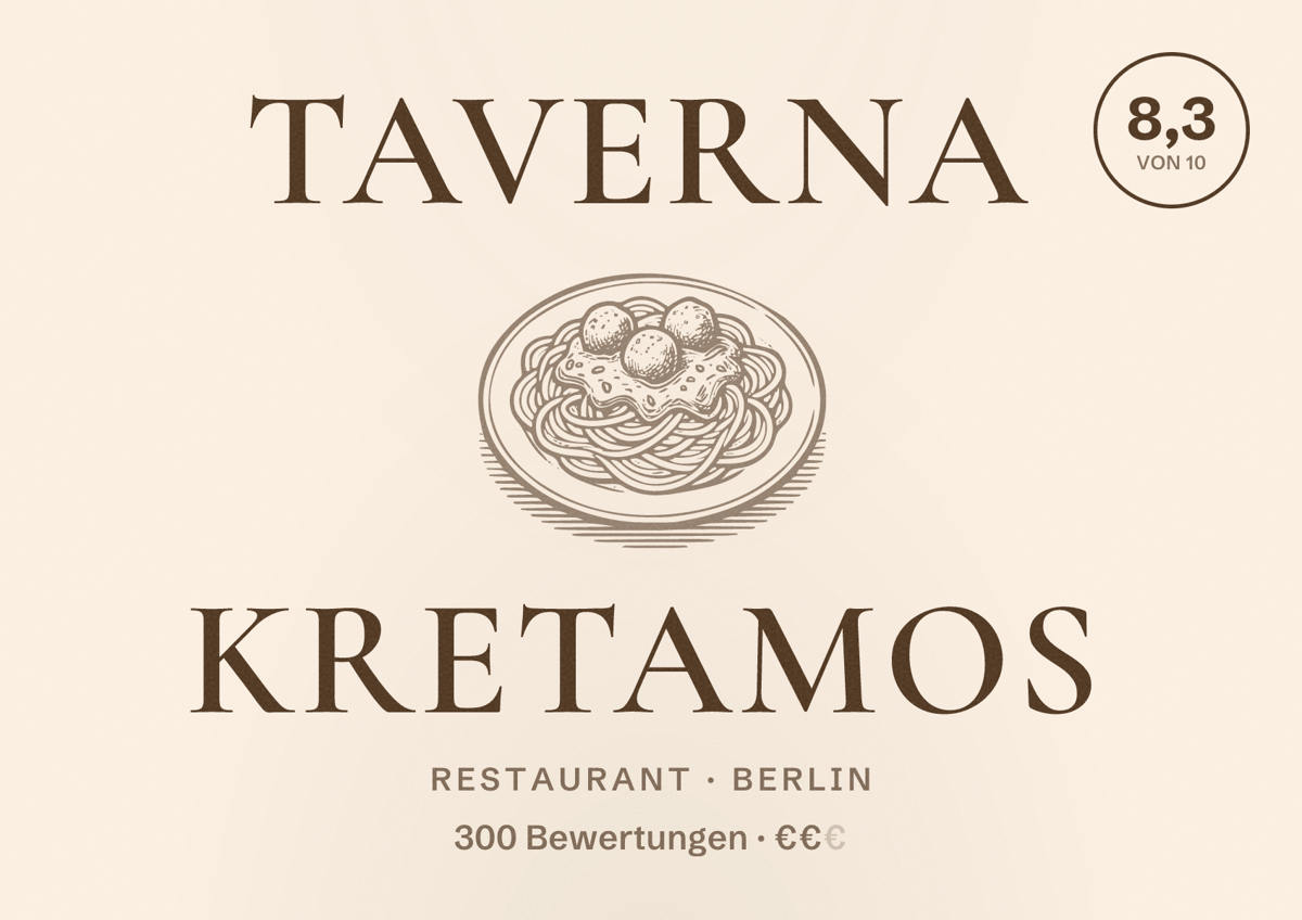 Illustriertes Poster von Taverna Kretamos, Restaurant in Berlin: Bewertung 8,3 von 10 aus 300 Bewertungen, Preisniveau €€