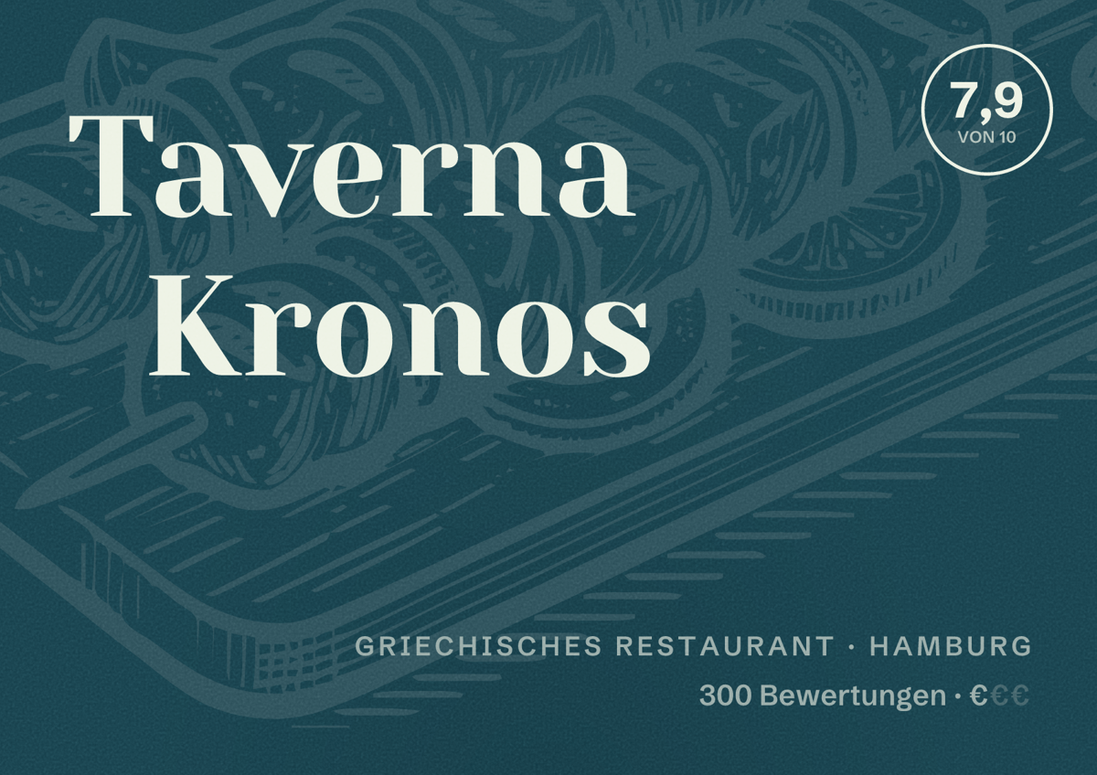 Illustriertes Poster von Taverna Kronos, Griechisches Restaurant in Hamburg: Bewertung 7,9 von 10 aus 300 Bewertungen, Preisniveau €
