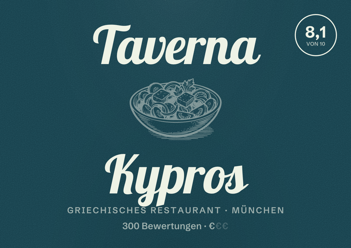 Illustriertes Poster von Taverna Kypros, Griechisches Restaurant in München: Bewertung 8,1 von 10 aus 300 Bewertungen, Preisniveau €