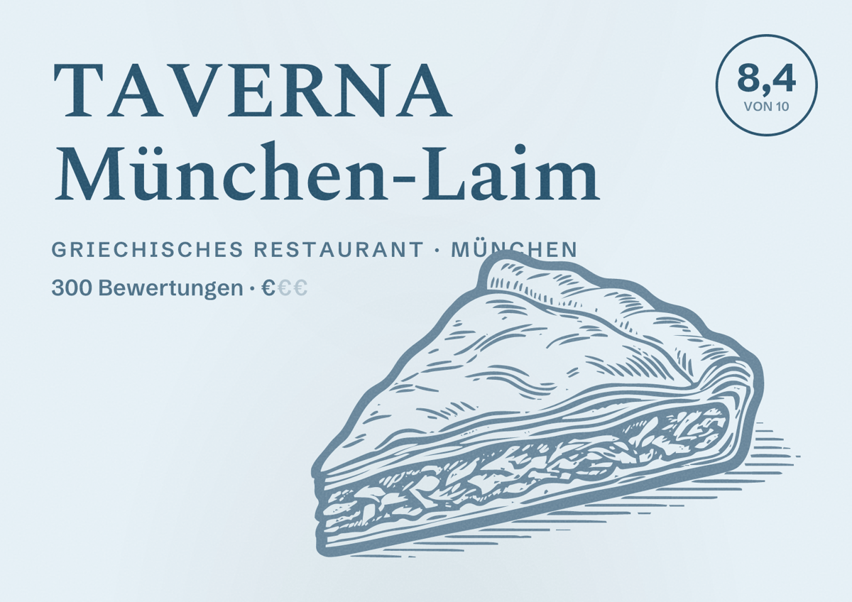 Illustriertes Poster von TAVERNA München-Laim, Griechisches Restaurant in München: Bewertung 8,4 von 10 aus 300 Bewertungen, Preisniveau €