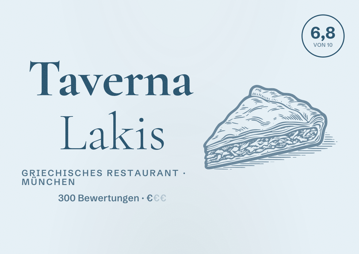 Illustriertes Poster von Taverna Lakis, Griechisches Restaurant in München: Bewertung 6,8 von 10 aus 300 Bewertungen, Preisniveau €