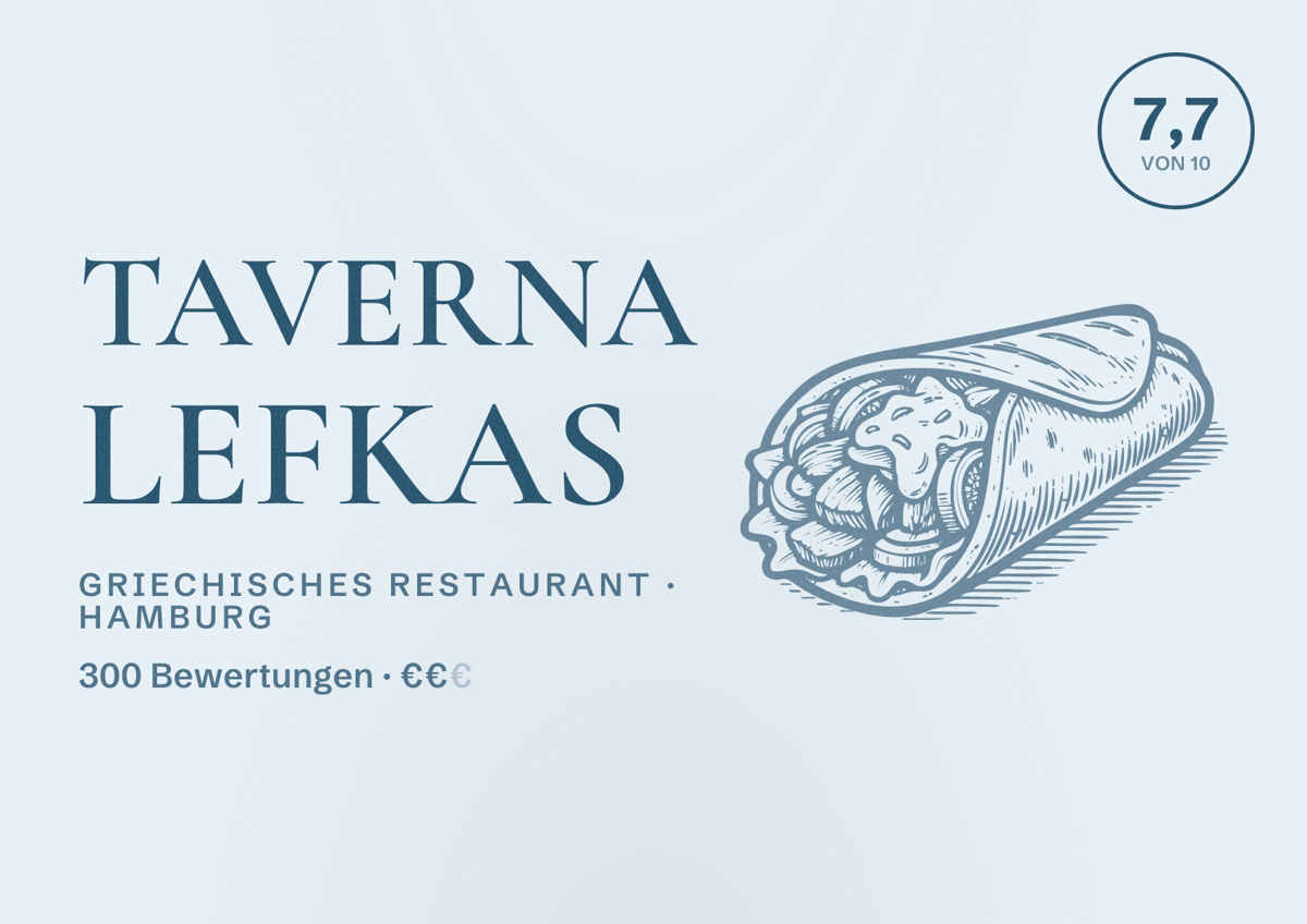 Illustriertes Poster von Taverna Lefkas, Griechisches Restaurant in Hamburg: Bewertung 7,7 von 10 aus 300 Bewertungen, Preisniveau €€