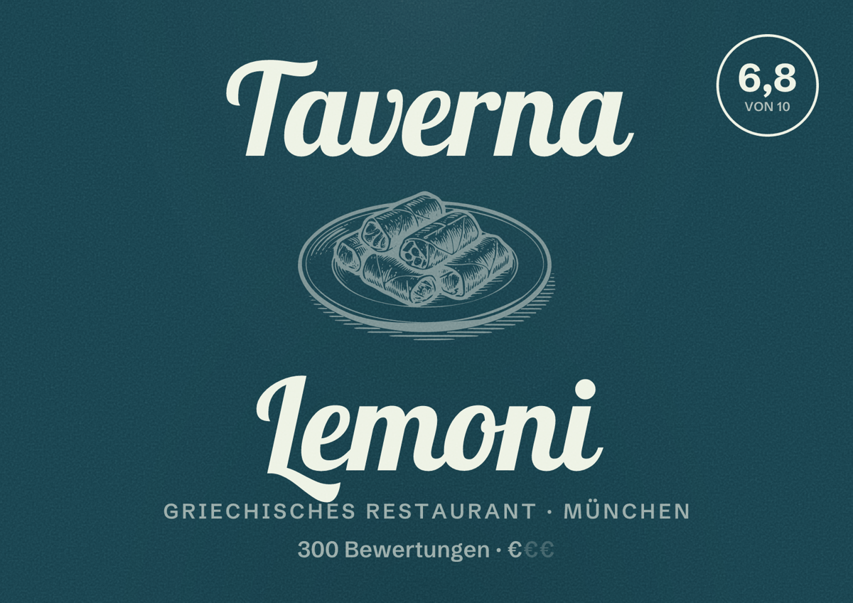 Illustriertes Poster von Taverna Lemoni, Griechisches Restaurant in München: Bewertung 6,8 von 10 aus 300 Bewertungen, Preisniveau €