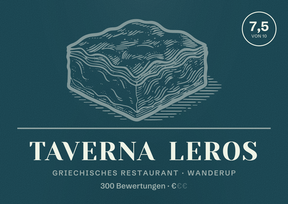 Illustriertes Poster von Taverna Leros, Griechisches Restaurant in Wanderup: Bewertung 7,5 von 10 aus 300 Bewertungen, Preisniveau €