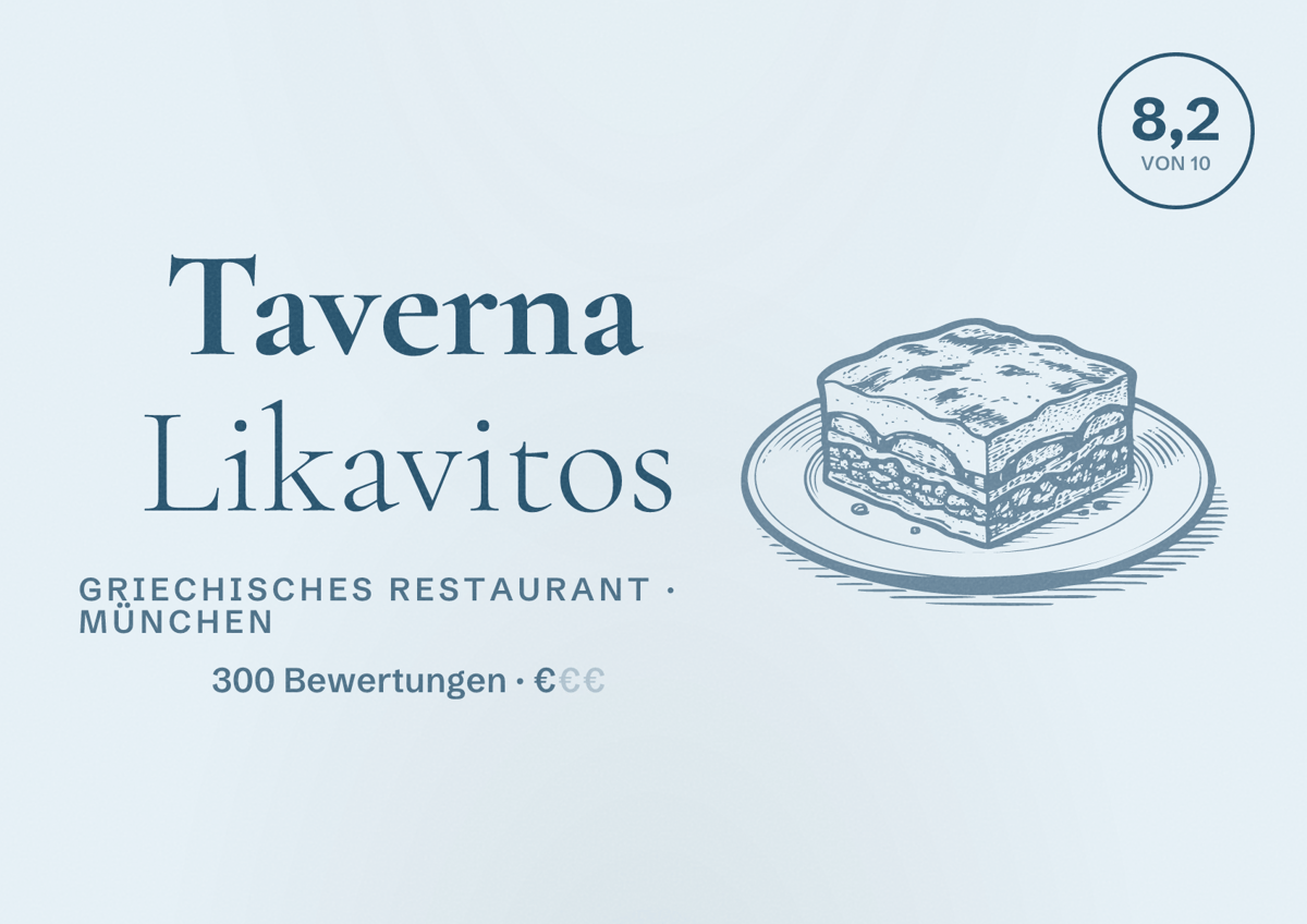 Illustriertes Poster von Taverna Likavitos, Griechisches Restaurant in München: Bewertung 8,2 von 10 aus 300 Bewertungen, Preisniveau €