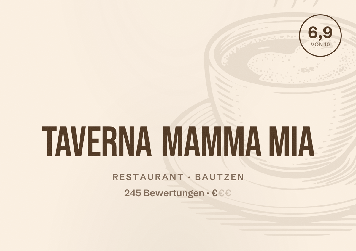 Illustriertes Poster von Taverna Mamma Mia, Restaurant in Bautzen: Bewertung 6,9 von 10 aus 245 Bewertungen, Preisniveau €