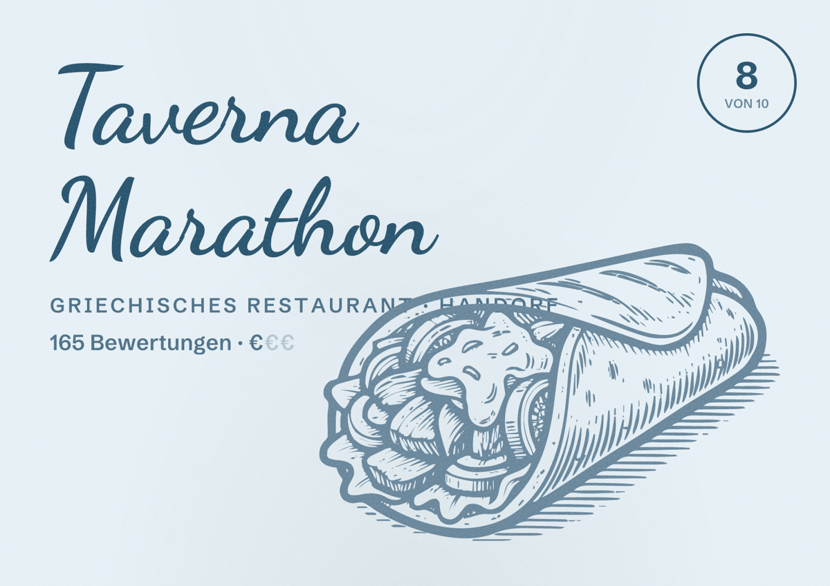 Illustriertes Poster von Taverna Marathon, Griechisches Restaurant in Handorf: Bewertung 8 von 10 aus 165 Bewertungen, Preisniveau €